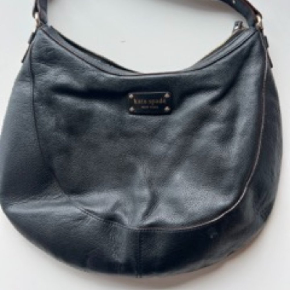 Kate Spade Black Hobo Bag Leather Shoulder Bag - Zipper Closure - Pebbled Textur